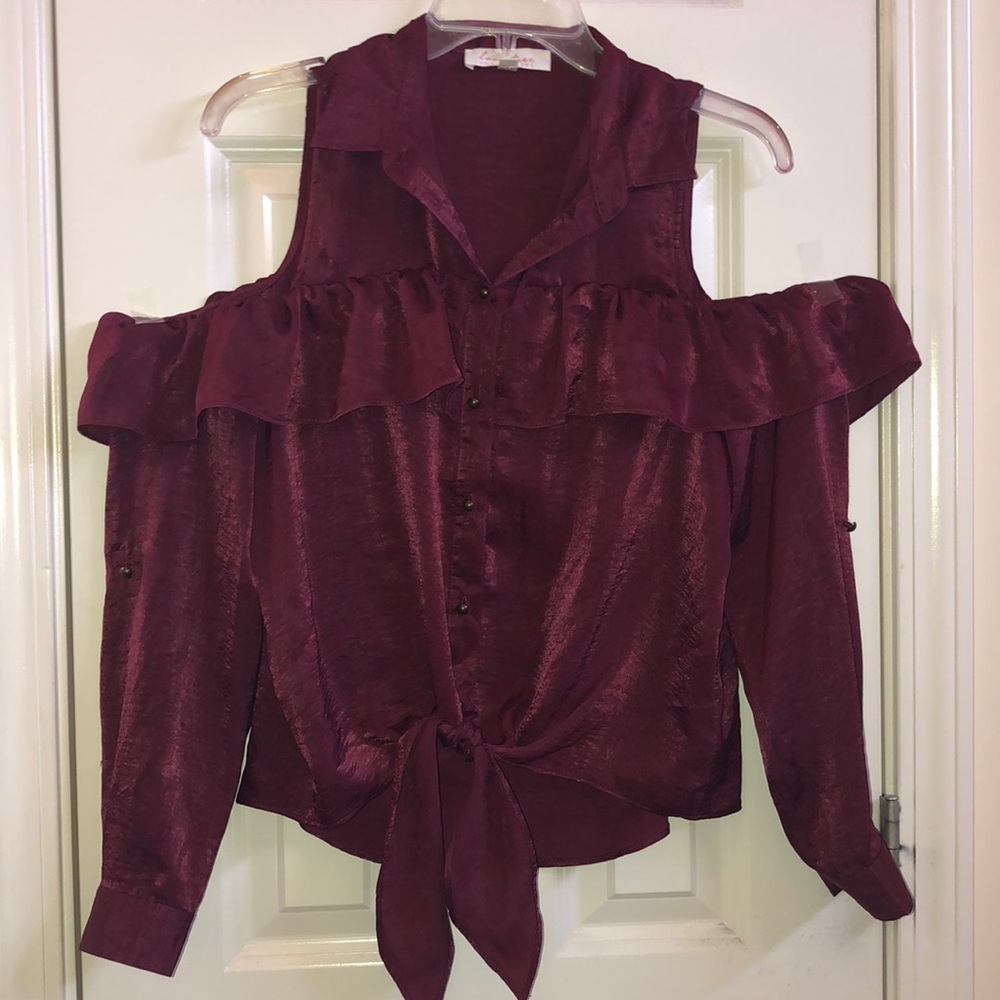 Red Wine Collared Tie-Up Blouse